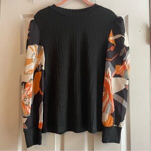 TEMU Large Black NWOT Top With Orange Gray Multicolor Lightweight Long Sleeves